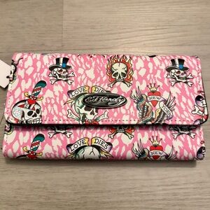 Ed Hardy Wallet Snap Close Bifold Pink White Leopard Print Graphic Skull Design
